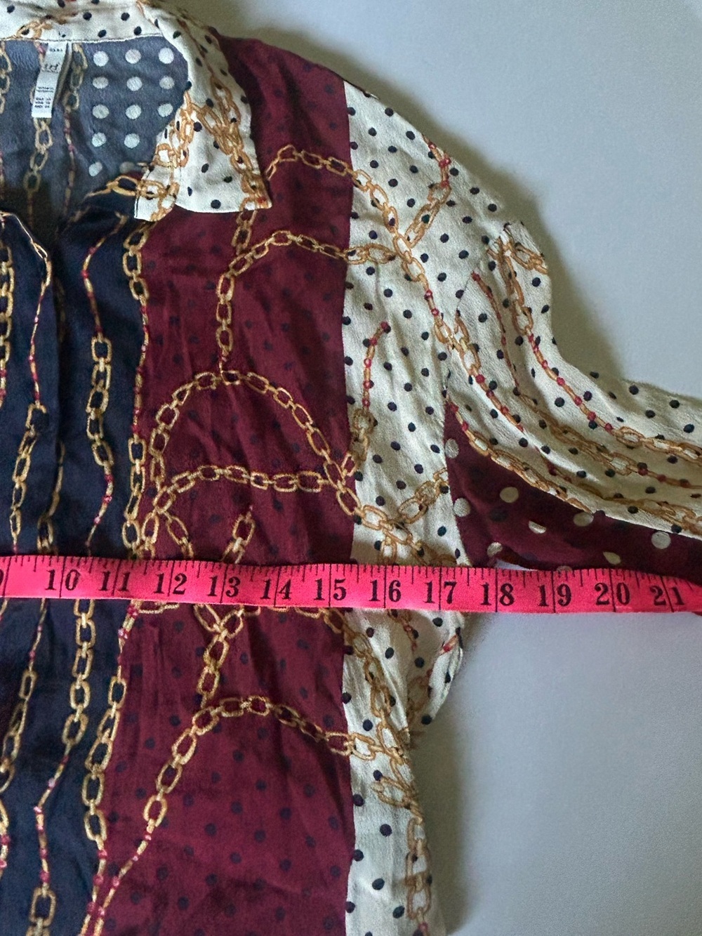 Mixed Print Button-Down Blouse in Burgundy, Navy & White - Picture 9 of 10